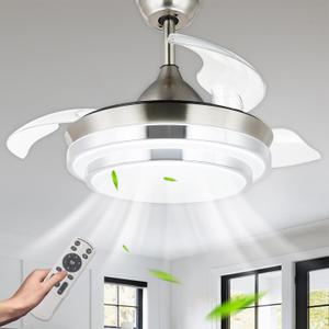 Bella Depot Retractable Ceiling Fan with Lights and Remote with APP Control, 3 Color Change, Timing Options, Silent Noiseless for Dining Room Bedroom Kitchen (Nickel Brushed, 42")