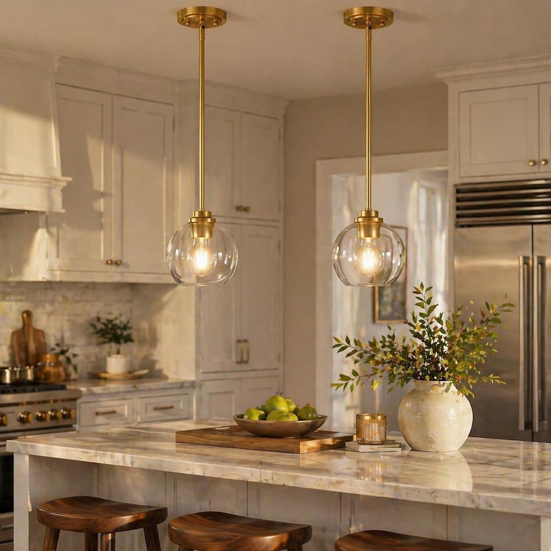Gold Pendant Light, 7 Inch Clear Glass Farmhouse Hanging Fixture, Adjustable Height & Sloped Ceiling Compatible for Kitchen Island Dining Room Entryway Bedroom Hallway, 2 Pack