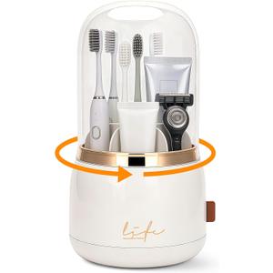 360 Rotating Toothbrush Holders for Bathrooms, 7-Slot Toothbrush Holder with Cover & Drainage, Bathroom Countertop Organizer for Electric Toothbrushes, Toothpaste & Makeup Brushes (Beige)