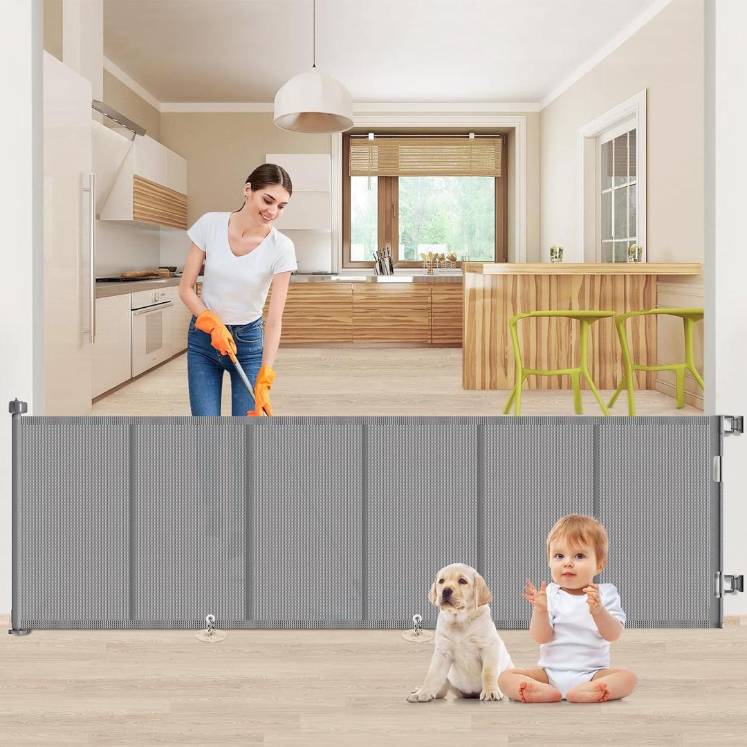 Upgrade 120 inch Retractable Baby Gates, EZIGO Extra Wide Baby Gate for Large Opening Extra Long Mesh Gate for Kids or Pet Dog Gate Child Safety Gate for Stairs Hallways Doorway Indoor Outdoor, Gray (34'' X 120'', Gray)