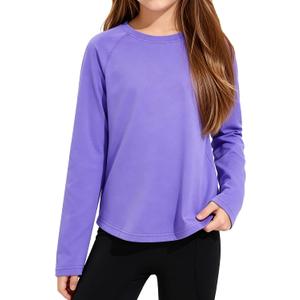 Girls' Sweatshirt Purple Long Sleeve Sports Tops Round Neck Loose Pullover Solid Athletic Tee Shirts (Purple)
