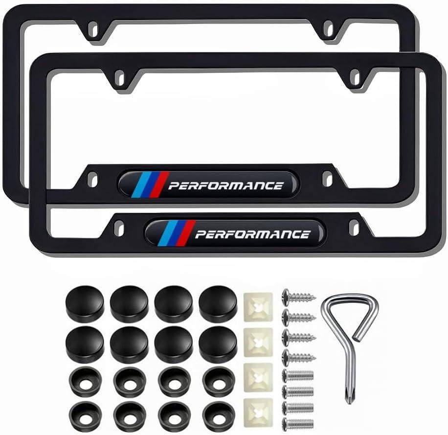 2 Pcs Black License Plate Frames Metal Aluminum Material 4 Holes License Plate Covers Screw Caps Cover Set Compatible with 1 2 3 4 5 Series X1 X3 X5 X6 X7 Series M2 M3 M4 M5 M6 Series E90 E91.etc