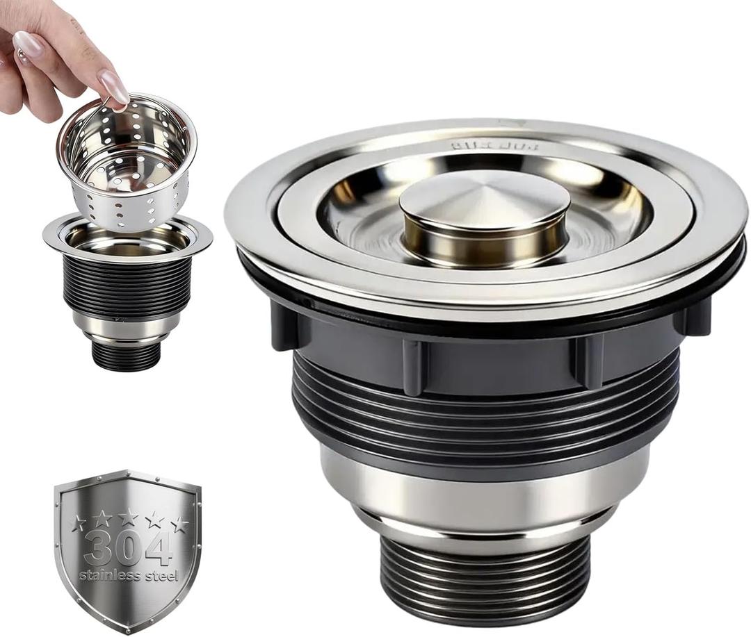 Kitchen Sink Drain Assembly, Stainless Steel Removable Deep Sink Strainer Basket, 3-1/2 Inch Sink Drain Stopper Plug, Sealing Lid