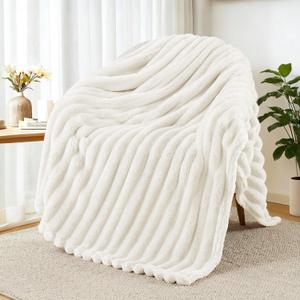 Exclusivo Mezcla Fleece Throw Blanket for Couch, Super Soft Striped Jacquard Bed Blanket, Lightweight Fuzzy Cozy for All Seasons, 50x60 Inches, Ivory