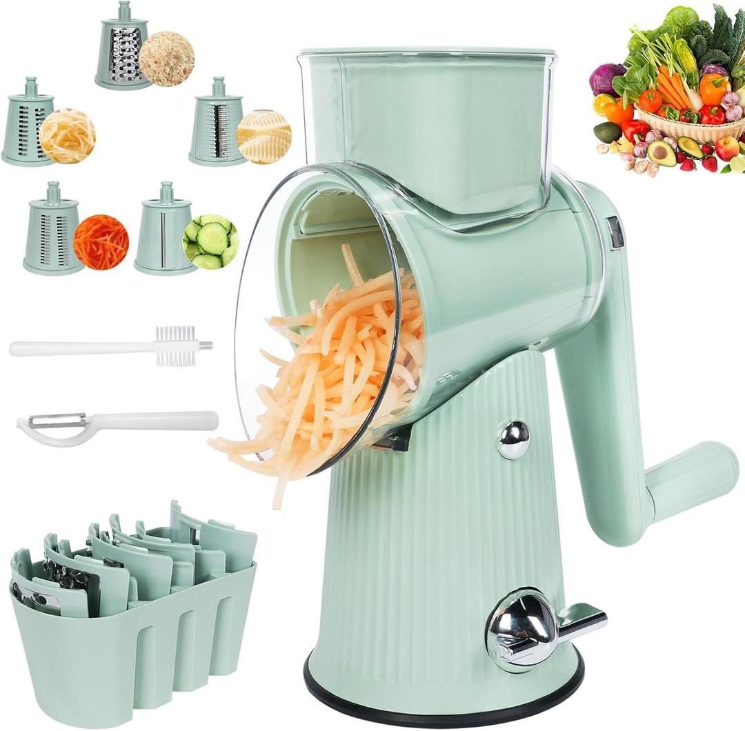 5 in 1 Rotary Cheese Grater Vegetable Slicer - Drum Mandoline Chopper for Kitchen, Easy to Clean with Storage Container (Green)