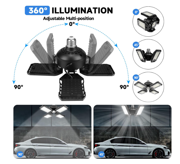 Aoretic LED Garage Lights 1 Pack -120W, 12000LM 6500K Led Shop Light with 4+1 Deformable Panels, Basement Barn Light Garages Ceiling Lights, E26/E27 for Garage, Warehouse, Shop