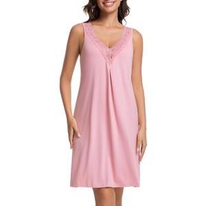 Nightgowns for Women Sleeveless Sleep Shirt V-neck Chemise Sleepwear Lace Night Gown Soft Sleep Dress(Pink, XXXL)