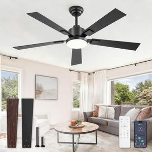 52 Inch Ceiling Fans with Lights and Remote&APP Control, Black Smart Ceiling Fan with 3000-6000K Dimmable, 6 Speeds Quiet Reversible Motor, Indoor/Outdoor Ceiling Fan for Bedroom Living Room