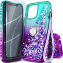 NGB Designed for iPhone 13 Pro Case, Aqua/Purple | Glitter Liquid Sparkle Cute Cover for Women Girls Kids | with Tempered Glass Screen Protector & Ring Holder & Wrist Strap