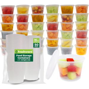 Freshware Food Storage Containers [50 Set] 16 oz Plastic Deli Containers with Lids, Slime, Soup, Meal Prep Containers | BPA Free | Stackable | Leakproof | Microwave/Dishwasher/Freezer Safe (One Size)