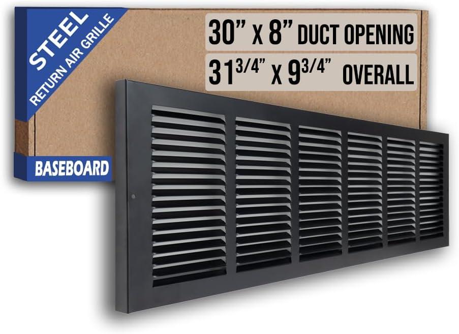 Fits 30x8 Duct Opening | Steel Baseboard Return Air Grille by Handua | Vent Cover Grill | 7/8" Margin Turnback [Depth] to Fit Baseboard | Black | Outer Dimensions: 31.75"W X 9.75 "H