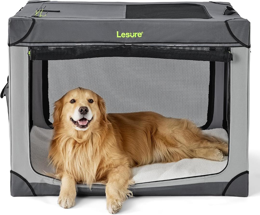 Lesure Soft Collapsible Dog Crate - 42 Inch Portable Travel Crate for Extra Large Dogs Indoor & Outdoor, 4-Door Foldable Pet Kennel with Durable Mesh Windows, Grey