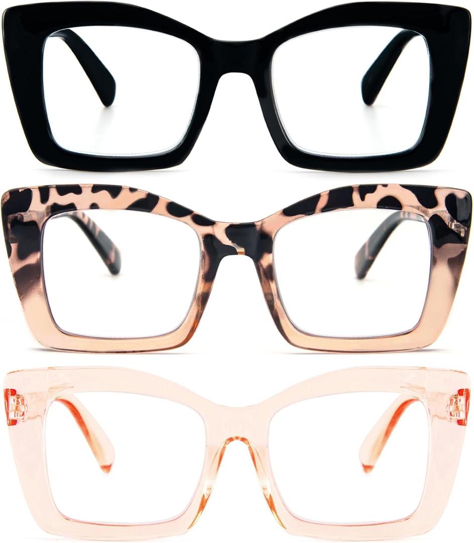 REAVEE Oversized Square Reading Glasses for Women, Blue Light Blocking Large Frame Computer Readers Spring Hinge (Black/Tortoise Tea/Tea)