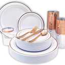 Tableware Dinnerware Set, Premium Heavyweight, Reusable or Disposable Party Plates, Includes Dinner Plate, Dessert Plate, Cutlery, and Cup (Rose Gold, 150-Piece Set, Serves 25 Guests)