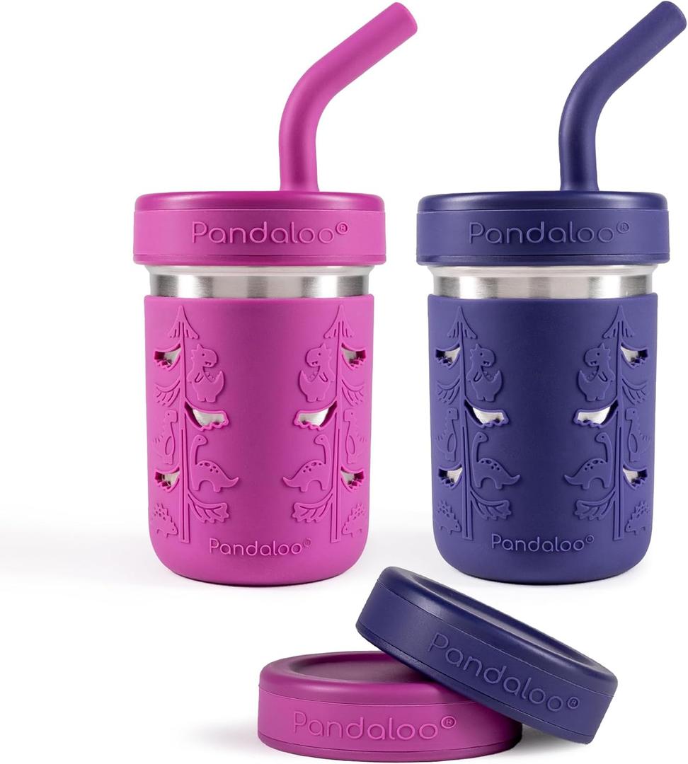 Pandaloo Smoothie Cups for Kids - Stainless Steel Toddler Tumbler with Straw, Sippy Cup for Smoothies - BPA-Free, Toddler Snack Cups, 10 oz (Pack of 2, Deep Purple/Blueberry)