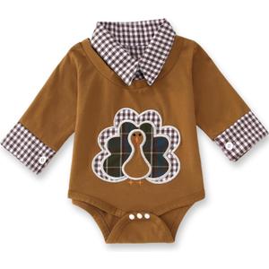 Ritatte Infant Baby Boy Girl Thanksgiving Outfit Funny Turkey Romper Bodysuits Plaid Collar Long Sleeve Onesie Fall Clothes (12-18 Months, Brown)