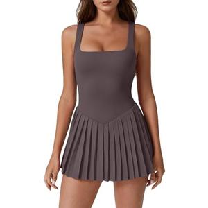 QINSEN Womens Square Neck Tennis Dress Pleated Sleeveless Built in Shorts Golf Athletic Dress with Pockets XS