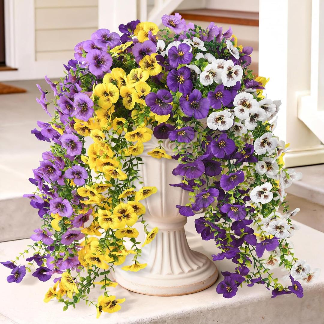 Artificial Flowers for Outdoors, 4 Pcs Fake Hanging Plants UV Resistant | Faux Silk Pansy, Front Door Porch Planter, Patio Yard Garden Balcony, No Fade, Spring Summer Decor, Purple Yellow White