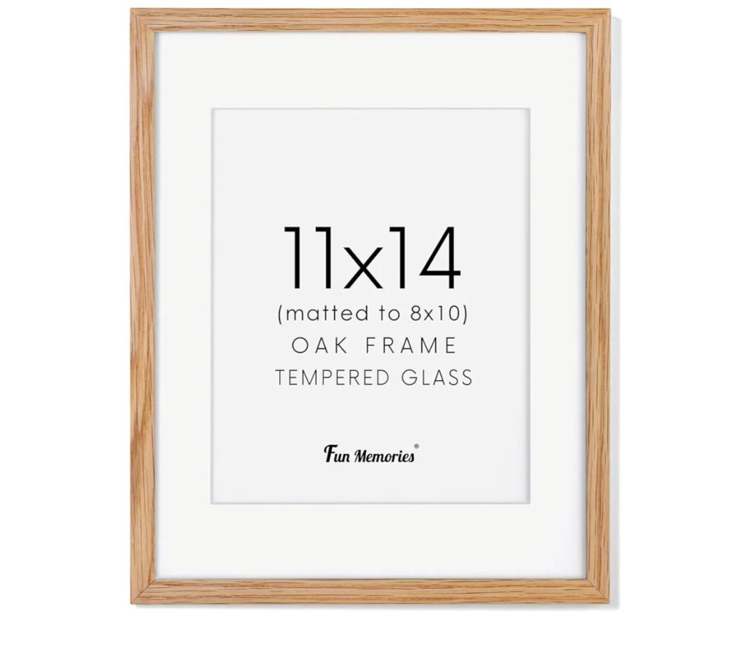 Fun Memories 11x14 Picture Frame, Solid Oak Wood 11 x 14 Photo Frames for Wall, 11 by 14 Frames with Tempered Real Glass, 11x14 Picture Frame with Mat for 8x10, Wooden Wall Gallery 11 x 14 Frame Set