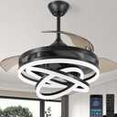 Retractable Ceiling Fan, 42 Inch Chandelier Ceiling Fans with Light, Modern Fandelier Ceiling Fan for Bedroom Living Room Dinning Room, Reverse Motor, 3 Color Temperature, 6 Wind Speed-Black