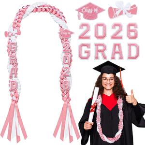 Suncalla 11 Pcs 2026 Graduation Leis Set Graduation Leis Class of 2026, Grade Braided Cords with Letters Card Patches Ribbon Lei Graduate Gift for High School Master College Grad Party (Pink White)