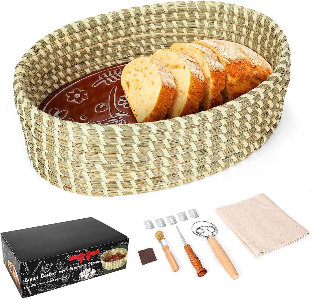 Bread Basket with Warming Stone with Cotton Cloths - Terracotta Bread Warmer Stone - 12.7 x 3.7 x 8.2 Inch Large Traditional Bread Warming Set - Gifts for Bakers Woman Hostess House Warming