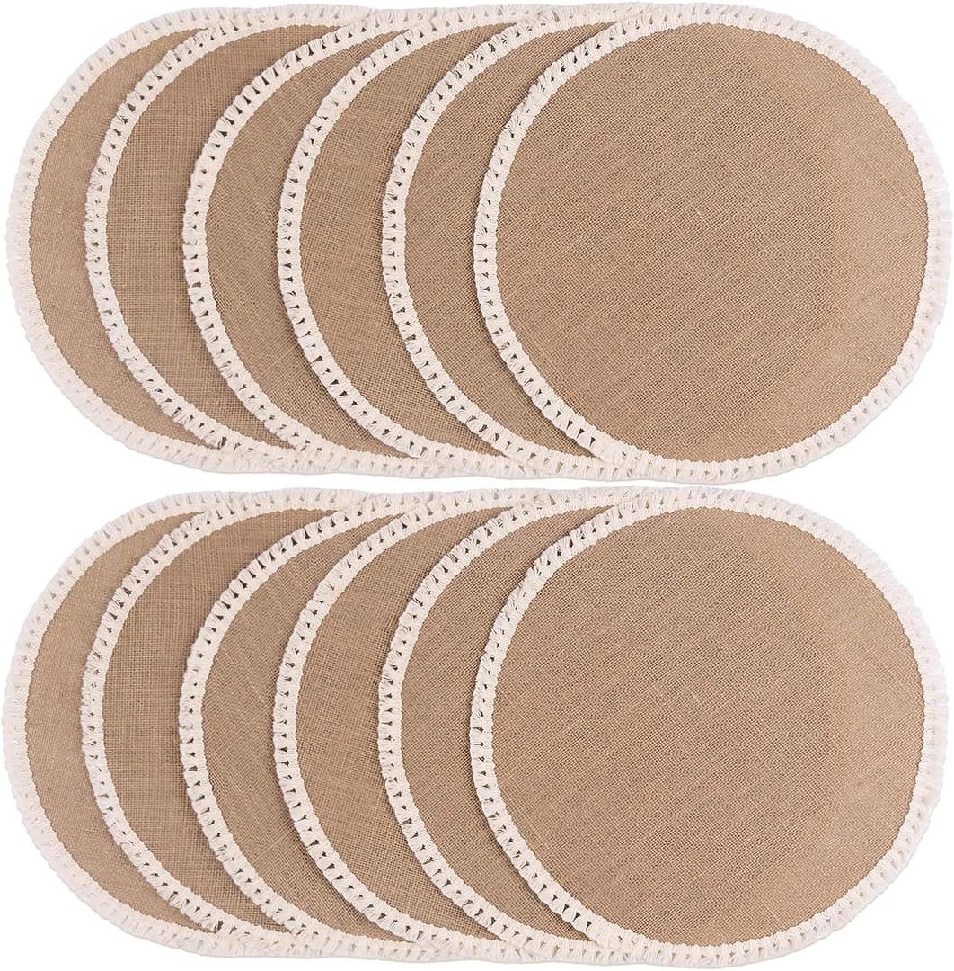 FunWheat 15 Inch Round Jute Placemats Set of 12, Braided Burlap Table Mats for Dining Table, Heat Resistant Farmhouse Woven Placemats for Fall Farmhouse Decor (Short Tassels)