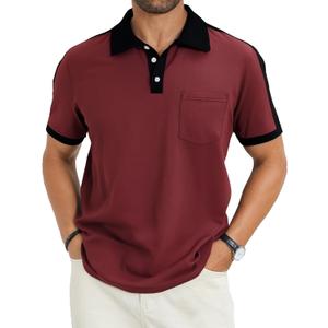 Men's Casual Polo Shirts Short Sleeve Classic Button Shirt Fashion Cotton Golf Tops with Pocket (Large, Burgundy&black)