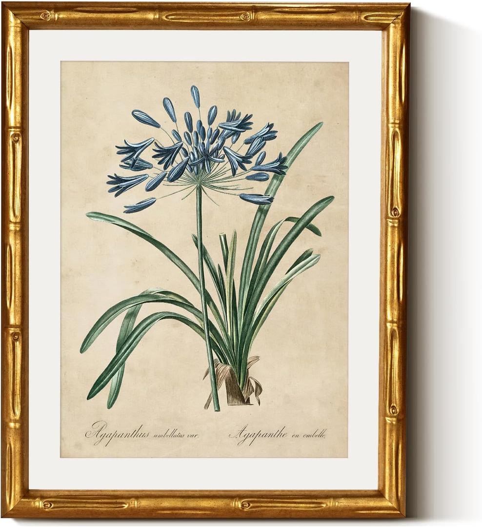 InSimSea Gold Bamboo Framed Canvas Wall Art, Retro Lily Botanical Prints, Antique Moody Picture Frame with Mat, Victorian Home Wall Decor for Kitchen Dining Living Room Bedroom, 11x14inch