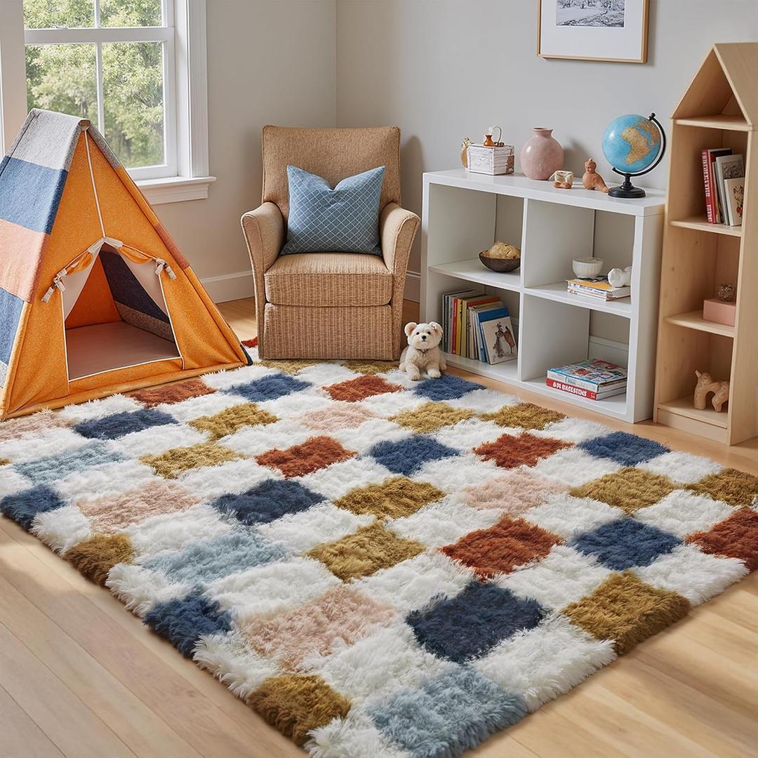 Checkered Rug 4x6 for Living Room, Modern Rainbow Shag Rug Super Soft Washable Fluffy Rugs Indoor Fuzzy Carpet for Bedroom Home Dorm Aesthetic Decor