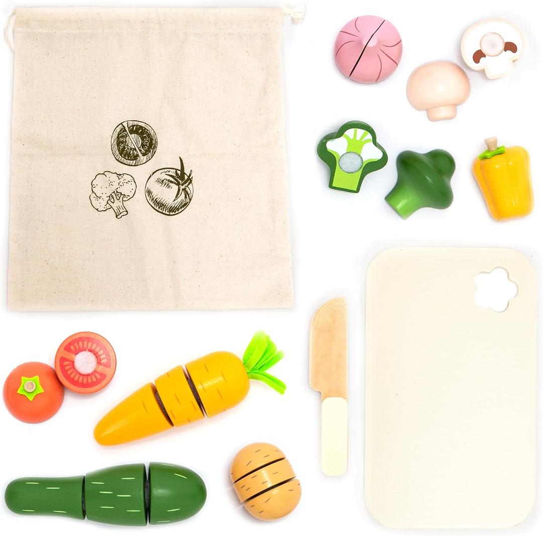 UMU Cutting Vegetable Set - Wooden Play Food Kitchen Accessory, Multi - Pretend Play Accessories, Wooden Cutting Fruit Toys for Toddlers and Kids Ages 3+