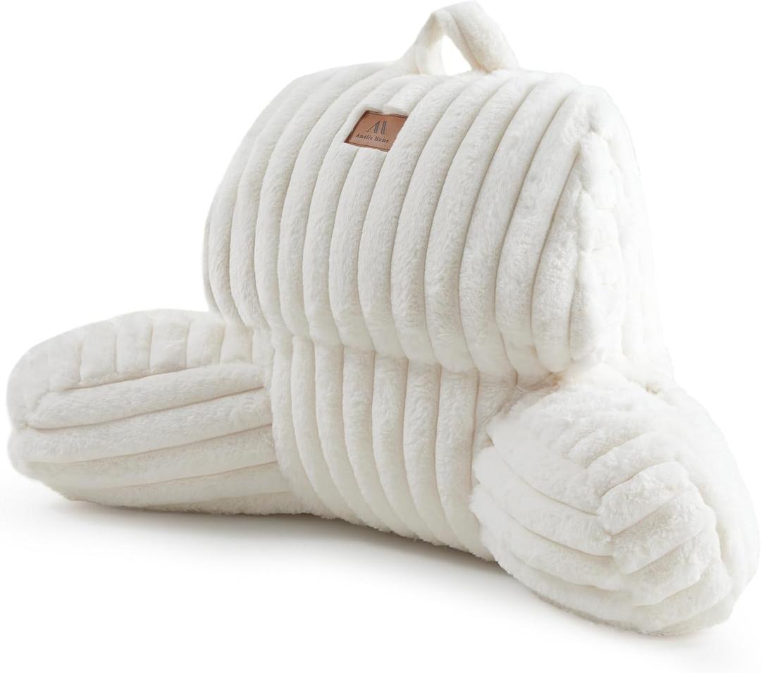 Amlie Home Faux Fur Reading Pillow with Pocket for Sitting in Bed, Kids Backrest Bed Pillow with Washable Cover for Lounging, Study & Relaxing, Ivory 17 inches