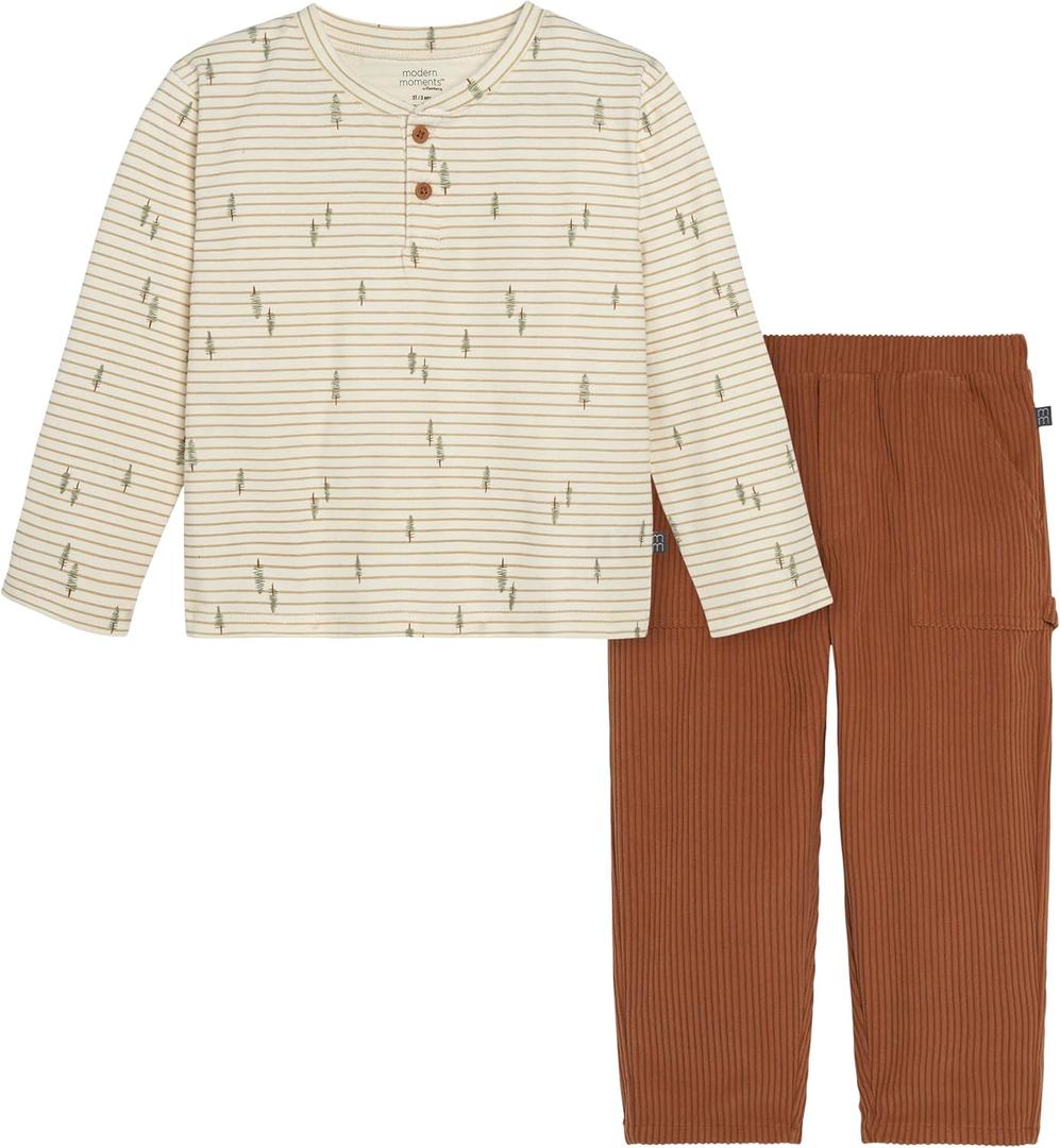 Modern Moments by Gerber Boys' Baby and Toddler Henley Shirt with Corduroy Pant Set (3T, Light Beige Trees)