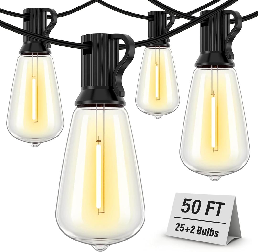 Outdoor String Lights Waterproof, 50FT Patio Lights with 26 ST38 Edison Bulbs (1 Square), Outside Hanging Decorative Lights for Porch, Balcony, Blackyard, Bistro, Garden, 2700K