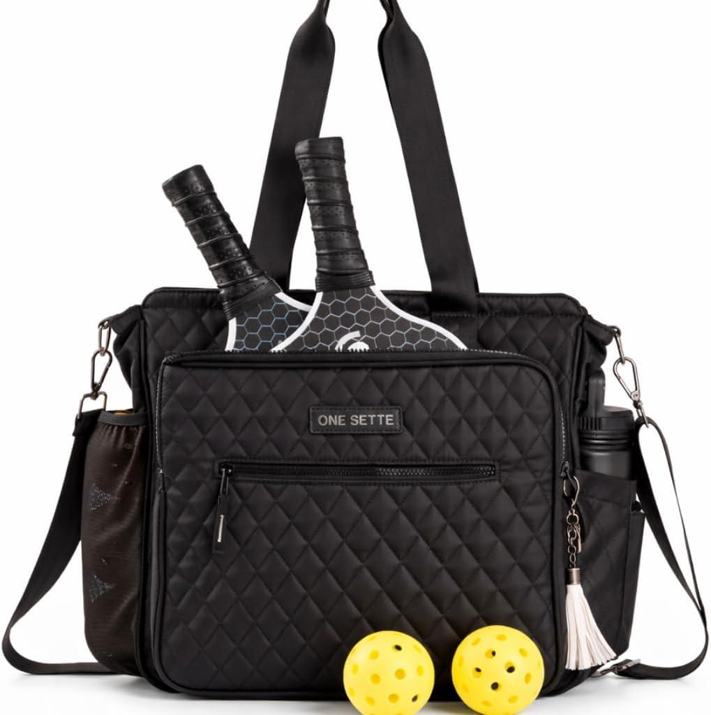 Pickleball Tote Bag for Women Gifts  Stylish Quilted Black  Lightweight - Pickle Ball Equipment with Fence Hook and Computer Compartment - Adjustable Shoulder Strap - Sports Gear Hand Bag