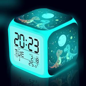 Dinosaurs Alarm Clock Gift Decor for Boys Room, Battery Operated Desktop Kids Clock with 7 LED Color Changing Nightlight (3.15x3.15x3.15 inch) (Space)