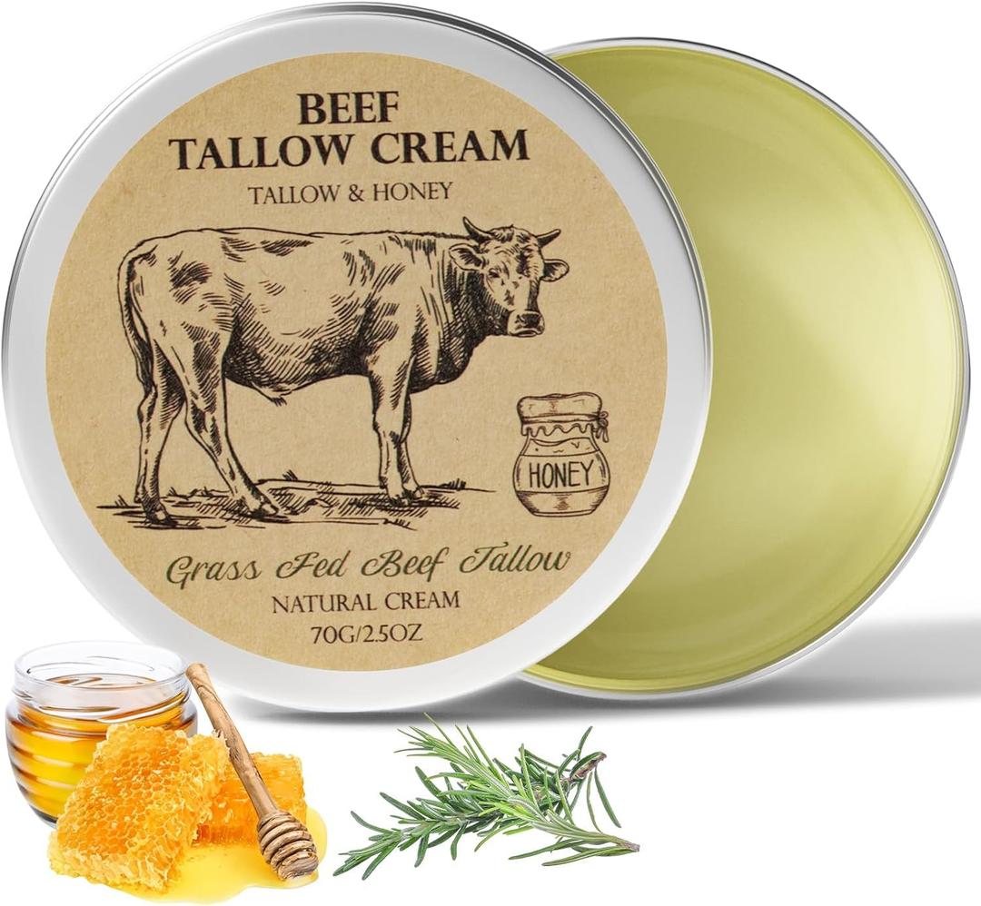Beef Tallow for Skin, Tallow and Honey Cream,Tallow Face Moisturizer, Natural Grass-Fed Beef Tallow Balm with Raw Honey Moisturizing Cream for Body Lotion Skin Care for Skin (2.47 Oz) (2.5 Ounce (Pack of 1))