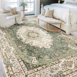 9x12 Area Rugs Washable,Green Rug for Living Room Bedroom Dining Room,Large Boho Vintage Bohemian Distressed Carpet Non Slip, Floral (New Green)