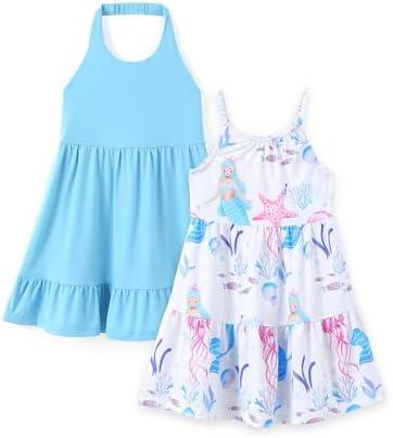 PATPAT Girls' Summer Dress Multipack – Quick-Dry, Cooling Fabric with Hawaiian & Mermaid Prints for Toddlers, Size 4-5Y