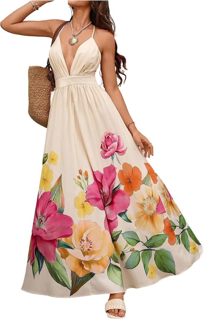 OYOANGLE Women's Floral Sleeveless Boho Maxi Dress Deep V Neck Criss Cross Backless Beach Vacation Sundress Beige X-Large