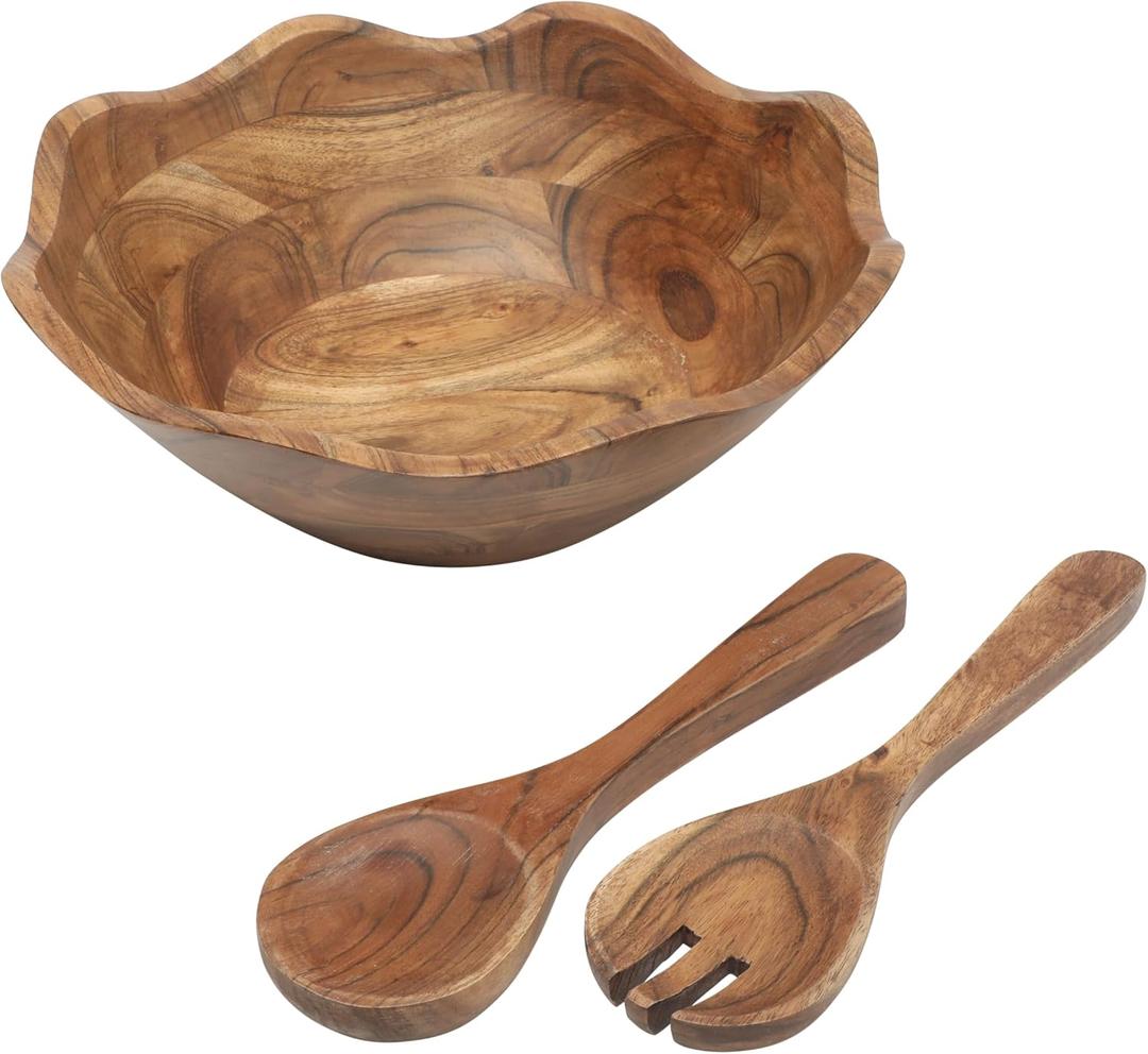 Gibson Home Sandhurst 3-Piece Acacia Wood Salad Bowl Set 12-Inch Scalloped Serving Bowl with Wooden Salad Servers Natural Rustic Finish for Dining, Entertaining, or Gifting