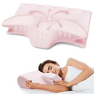 Cervical Neck Pillow for Pain Relief, Ergonomic Contour Memory Foam Pillows for Sleeping, Cooling odorless Neck Support Pillow for Side Back Stomach Sleeper, with Washable Pillowcase, Pink