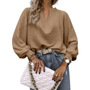 Womens Tops Dressy Casual Long Sleeve Shirts Loose V Neck Business Work Tunic Blouses (L)