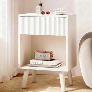 Fluted Nightstand, Modern Bedside Table with Storage Drawers and Open Wood Shelf, Night Stand with Solid Wood Legs, End Tables Side Tables for Living Room, Bedroom White (12"D x 16"W x 24"H)