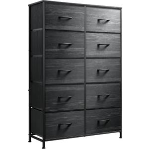 WLIVE Black Tall Dresser for Bedroom with 10 Drawers, Chest of Drawers, Dressers Bedroom Furniture, Storage Organizer Unit with Fabric Bins for Closet, Hallway, Living Room (Charcoal Black Wood Grain Print)