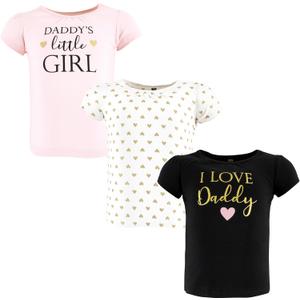 Hudson Baby Unisex Baby Short Sleeve T-shirts (3T, Girl Daddy), Pack of 2, Black And White With Golden Hearts