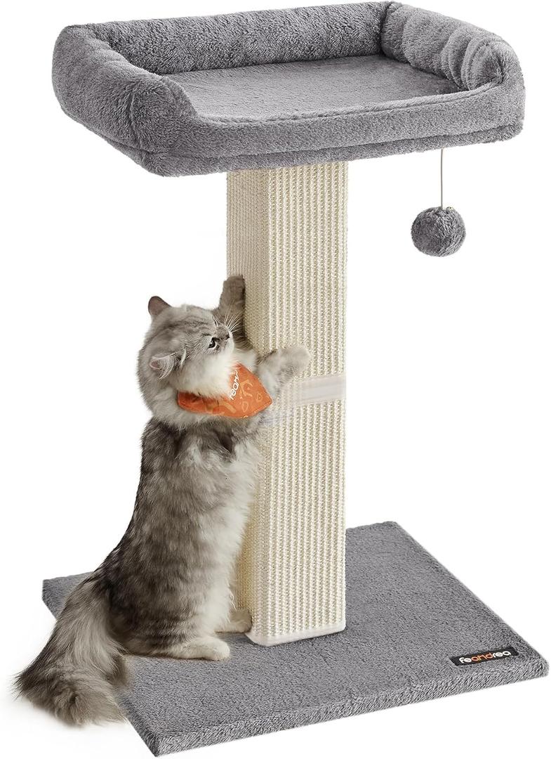 Feandrea Cat Scratching Post, 27.9-Inch Cat Scratcher with 15.7 x 11.8 Inches Plush Perch, Tall Scratch Post with Woven Sisal, Pompom, Removable Washable Cover, Light Gray UPCA022W01