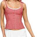 Women Y2K Gingham Plaid Tank Top Lace Trim Sleeveless V Neck Cami Shirt Button Up Tie Shoulder Slim Straps Camisole (Small)
