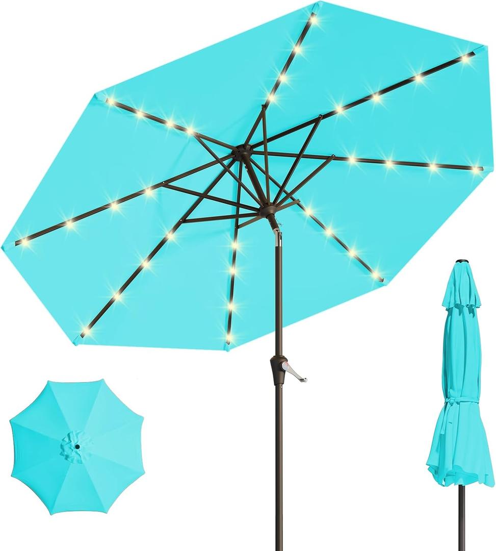 Patio Kingdom 9FT Solar Umbrella 32 LED Lighted Patio Umbrella Table Market Umbrella w/Tilt and Crank, UV-Resistant Outdoor Umbrella for Pool, Garden, Deck, Sky Blue