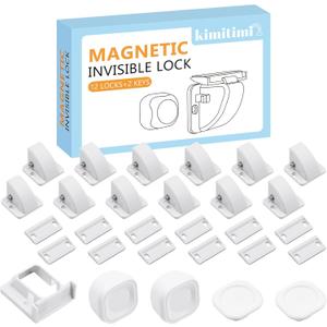 12 Pack Magnetic Cabinet Locks Baby Proofing - Child Safety Cabinet Latch Locks with Adhesive, No Drill or Tools Installation, for Cabinets Drawers Doors